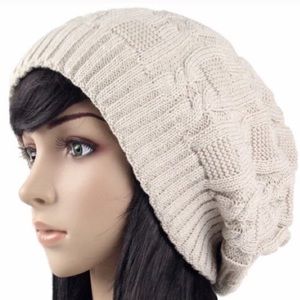 Beige knitted slouchy beanie hat